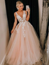A Line Tulle V Neck Prom Dress With Lace Applique LBQ1457